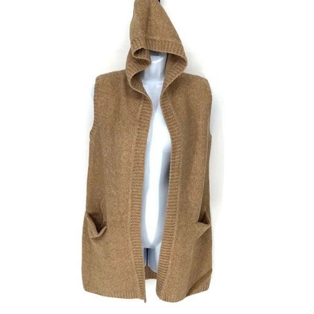 Tahari Womens Wool‎ Blend Sleeveless Open Front Knit Hoodie Sweater Tan Small